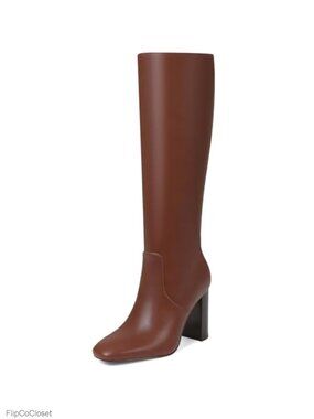 Women's Knee High Boots Faux Leather Square Toe Chunky Heeled Tall Dress Boot